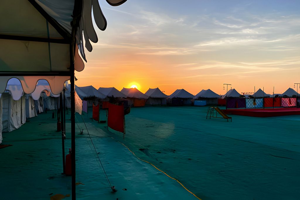 Sunset at tent city of Great Rann of Kutch in India